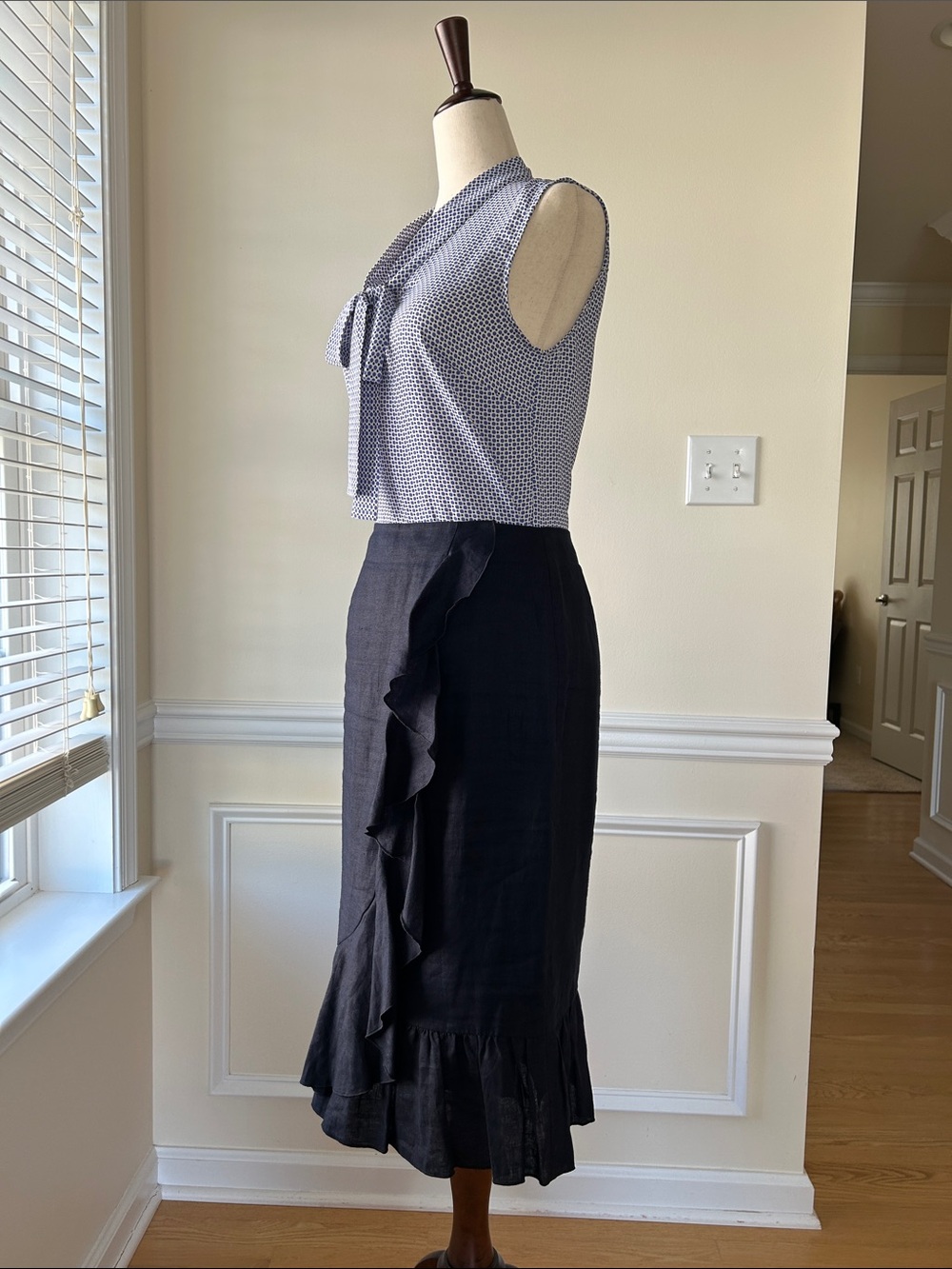 Boden Black Linen Ruffle Midi Skirt
